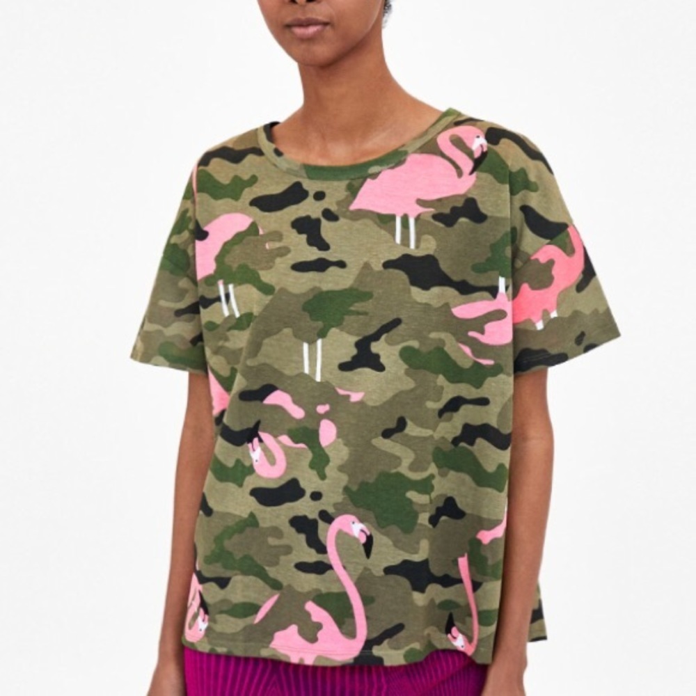 NWOT Zara Camo and Flamingo shirt
